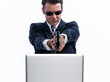 man caucasian hacker computer assault isolated studio man caucasian hacker computer assault isolated studio