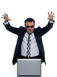 man caucasian hacker computer attack isolated studio man caucasian hacker computer attack isolated studio