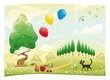 Landscape with cat. Funny cartoon and vector scene