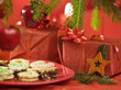 Christmas gifts still life with red background Christmas gifts still life with red background