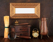 Picture gold frame with ancient subjects. Still-life.