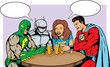 Superheroes having beer, celebrating good times.