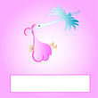 Cute pink cartoon stork carrying a newborn baby,
