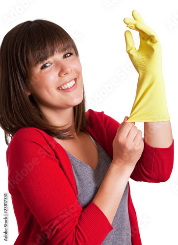 Foto: nette Frau mit Gummihandschuhen nette Frau mit Gummihandschuhen
