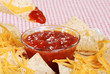 macro dipping nachos and cheese in salsa