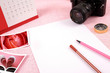Clutter of objects stacked on pink background Clutter of objects stacked on pink background