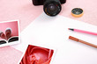 Clutter of objects stacked on pink background Clutter of objects stacked on pink background