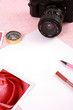Clutter of objects stacked on pink background Clutter of objects stacked on pink background
