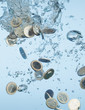Close up of Euro coins splashing in water