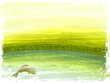 Grunge retro-styled summer lake scenery