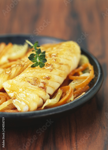 Photo: fish caramelized with maple syrup and orange peppers fish caramelized with maple syrup and orange peppers