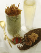 herb and green apple mousse ,thinly sliced fried duck magret and a glass of champagne