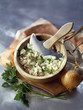 chopping the onion and the parsley