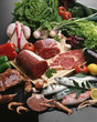 selection of raw fish and meat