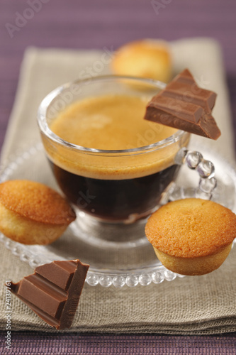 Photo: coffee ,pieces of chocolate and financiers coffee ,pieces of chocolate and financiers