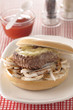 hambuger,salers cheese and onion bagel burger