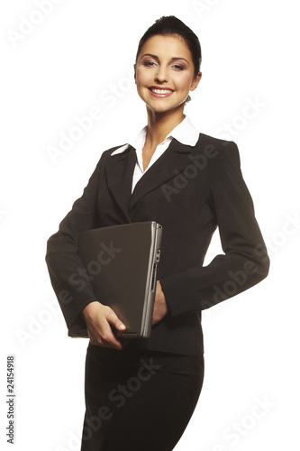 Photo: Young Woman Using Laptop on white background Young Woman Using Laptop on white background