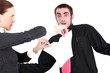 Portrait of two colleagues solving contract problem