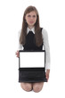 A young woman holding a laptop with the white screen A young woman holding a laptop with the white screen