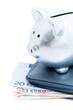 Cochon tirelire et porte-feuille avec euros sur fond blanc