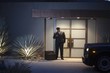 Chauffeur stands at lit entrance doorway with luggage