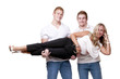 two men holding woman two men holding woman