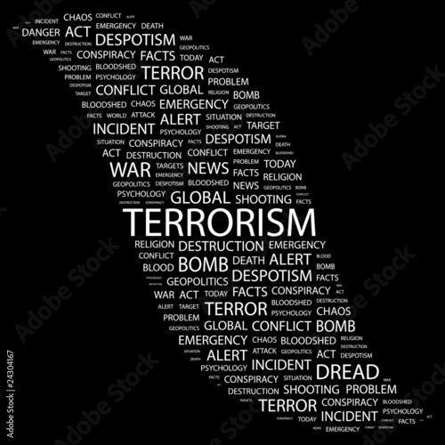 Vector: TERRORISM. Word collage on black background. TERRORISM. Word collage on black background.