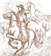 Cowboy with lasso riding a horse with cactus mountains