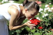 Young attractive woman smelling red roses in garden