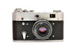 Old used dirty old-fashioned film photocamera front view