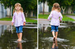 Girl to walk barefoot in a puddle