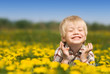 The laughing boy lies in the field from dandelions The laughing boy lies in the field from dandelions