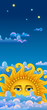 Vertical blue banner. Big hot gold sun on clouds.