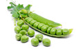Fresh green pea pod and peas on white background