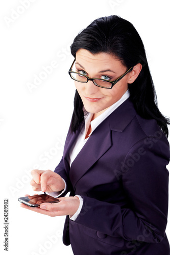 business woman with smartphone, sceptical