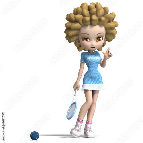 funny cartoon girl with curly hair plays tennis.