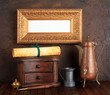 Picture gold frame with ancient subjects. Still-life.