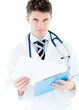 Charismatic male doctor holdig clipboard