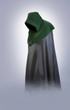 Man in an medieval hood and cloak in the fog