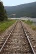 Railway track curving by lake