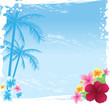 Grunge tropical banner with palms and tropical flowers Grunge tropical banner with palms and tropical flowers