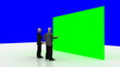 3d-men looking at a  green wall