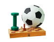 Football, chess board, chessmen and dumbbell