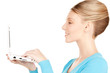 happy woman with laptop computer