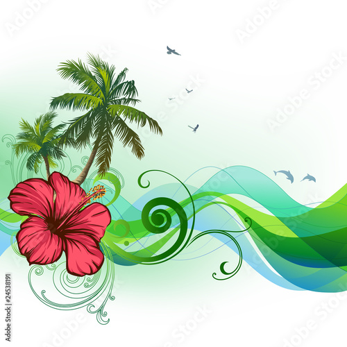 Vektor: Hibiscus, palms, waves Hibiscus, palms, waves