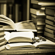 opened book, lying on the bookshelf