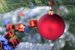 Red glass ball and Christmas evergreen tree Red glass ball and Christmas evergreen tree