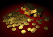 Goldbarren & Goldmünzen auf rotem Samt Goldbarren & Goldmünzen auf rotem Samt