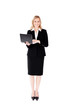 Delighted businesswoman using her laptop standing Delighted businesswoman using her laptop standing