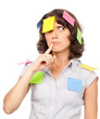 Pensive pretty girl with many stickers Pensive pretty girl with many stickers